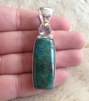 Zilveren edelsteen hanger Chrysocolla en Amethist